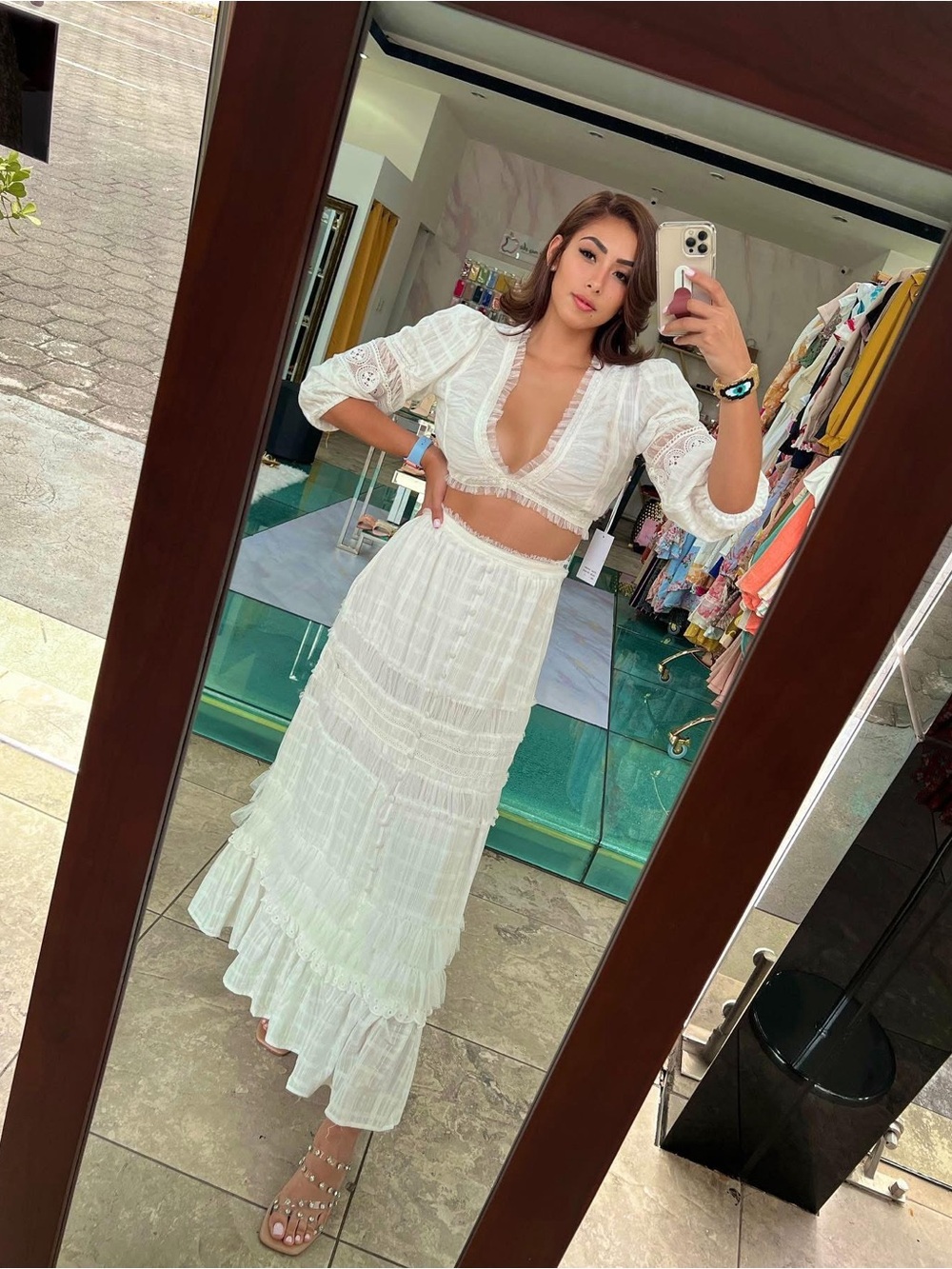 White Ruffled Maxi Skirt set ( two pieces ) Elegant Tiered Design